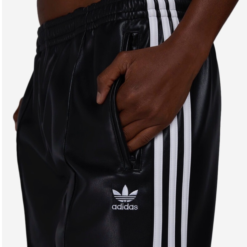 Adidas Black Firebird Pleather Track Pants with White Stripes